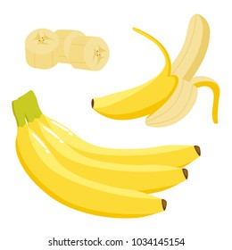Banana Set. Bunch, single, peeled and sliced. Vector illustration