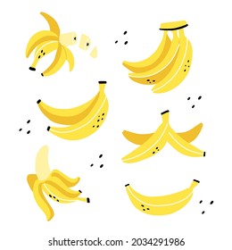 Banana set. Exotic tropical fresh fruit, whole and sliced, bananas peel, vector cartoon minimalistic style isolated illustration
