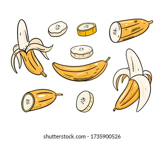 Un juego de plátanos diferente. Ilustración vectorial plana. Estilo de caricatura. Aislado sobre fondo blanco. Diseño para banner, afiche e impresión.