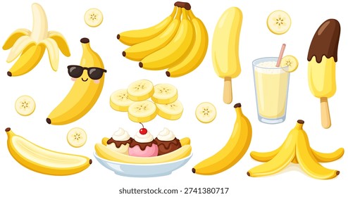 Banana Set With Fruit Smoothie Popsicle Slices Peel And Dessert Collection