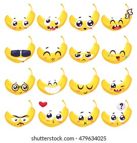 Banana set of funny smiles. Fruit vegetables and food collection. Vector cartoon illustration. Cute stylish characters.