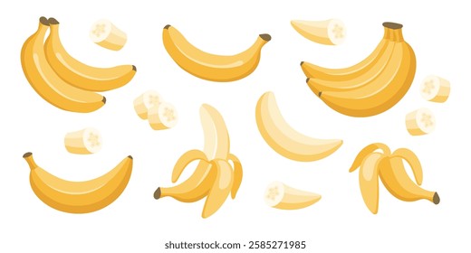 Banana set. Banana icons, half peeled and slice banana snack, bunch of bananas.Exotic sweet desserts.Tropical fruits illustration.