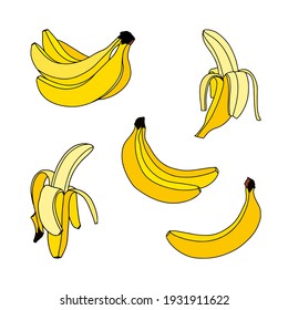 Banana set isolated on white background. Hand drawn vector image.