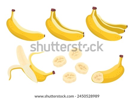 Banana, Set of one, two and bunch of bananas, open banana cut in half, slices . Juicy fresh and yellow Tropical fruit, banana snack or vegetarian food. Isolated on white background