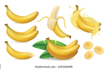 Banana set of realistic images with bunch of whole bananas leaves and slices with juice splashes vector illustration