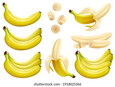 Banana set. Whole, half and peeled banana, bunch of bananas and slices of banana isolated on white background, 3d vector realistic illustration bananas. 