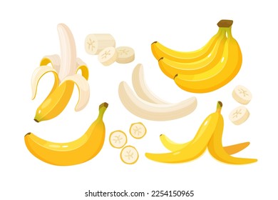 Banana set. Whole, half, peeled bananas, bunches, and slices of fruits isolated on white background