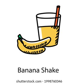 Banana shake doodle icon, editable vector 