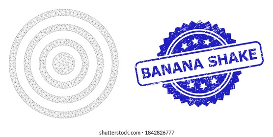 Banana Shake unclean seal and vector concentric circles mesh model. Blue seal has Banana Shake text inside rosette. Abstract flat mesh concentric circles, built from flat mesh.