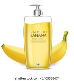 Banana shampoo isolated Vector realistic mock up. Yellow bottle cosmetics. Product placement label design. Detailed 3d illustration