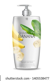 Banana shampoo isolated Vector realistic mock up. White bottle cosmetics. Product placement label design. Detailed 3d illustration