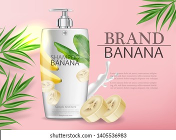 Banana shampoo Vector realistic mock up. White bottle cosmetics. Product placement label design. Detailed 3d illustration