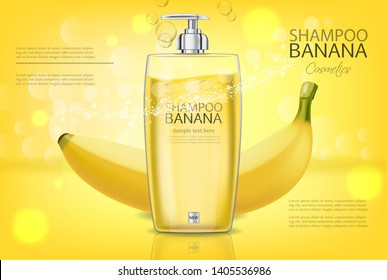 Banana shampoo Vector realistic mock up. Yellow bottle cosmetics. Product placement label design. Detailed 3d illustration