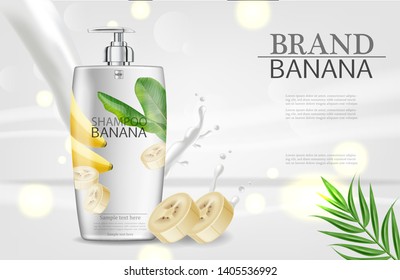 Shampoo vector banana, un burlón realista. Cosméticos blancos. Diseño de etiquetas de colocación de productos. Ilustración 3d detallada