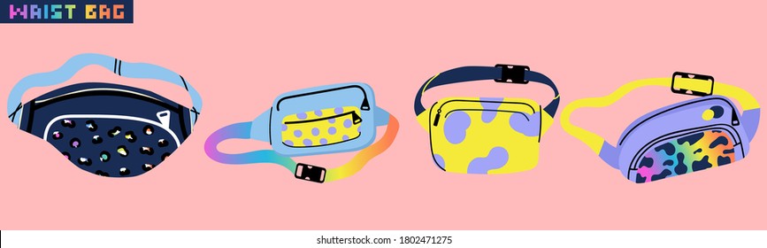 Banana shaped belt bag colorful waist bag. Fancy retro style from 90s. Isolated vector illustration.