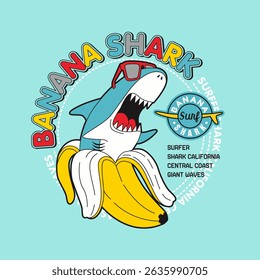 Banana shark cartoon, vector illustration.