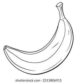 A banana is shown in a black and white drawing. The banana is the main focus of the image, and it is the only object in the scene. The drawing has a simple and straightforward style