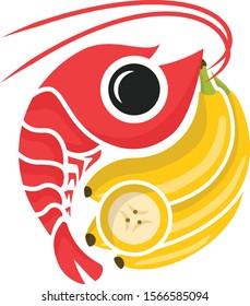 Banana and Shrimp symbol in Ying Yang shape on the white background