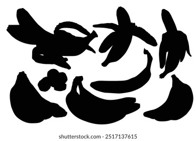 Vector de siluetas de plátano.  Conjunto de frutas de plátano frescas aisladas sobre fondo blanco. Plátano pelado y manojo de plátanos, trozos y rebanadas de colección. Frutas tropicales, aperitivo de plátano, menú vegetariano.