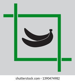 Banana simple sign. Black icon inside green crop tool at light gray background