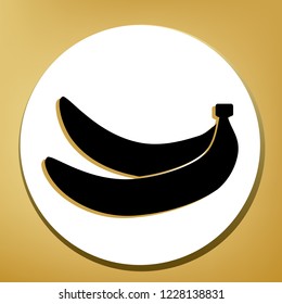 Banana simple sign. Vector. Black icon with light brown shadow in white circle with shaped ring at golden background.