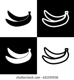 Banana simple sign. Vector. Black and white icons and line icon on chess board.