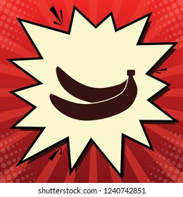Banana simple sign. Vector. Dark red icon in lemon chiffon shutter bubble at red popart background with rays.