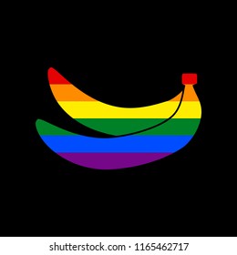 Banana simple sign. Vector. Icon with colors of LGBT flag at black background.