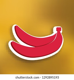Banana simple sign. Vector. Magenta icon with darker shadow, white sticker and black popart shadow on golden background.