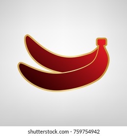 Banana simple sign. Vector. Red icon on gold sticker at light gray background.