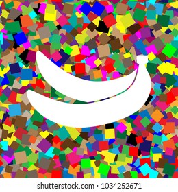 Banana simple sign. Vector. White icon on colorful background with seamless pattern from squares.