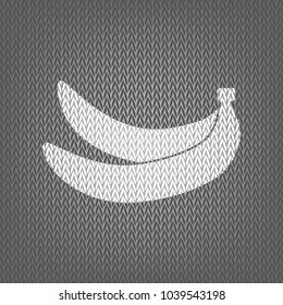 Banana simple sign. Vector. White knitted icon on gray knitted background. Isolated.