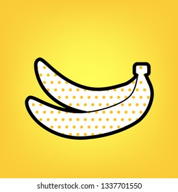 Banana simple sign. Vector. Yellow polka dot white icon with black contour at warm yellow background.