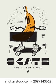 Banana skater censored. California skateboarding t-shirt print with a banana character with his lower part censored vector illustration.