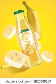 Banana slice flying Ads with Bottle mock up. Season sweet of tropical fruits. 3d realistic vector, Food concept design. of free space for your texts and branding.