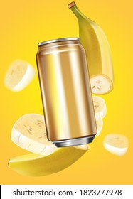 Banana slice flying Ads with Packaging mock up. Season sweet of tropical fruits. 3d realistic vector, Food concept design. of free space for your texts and branding.