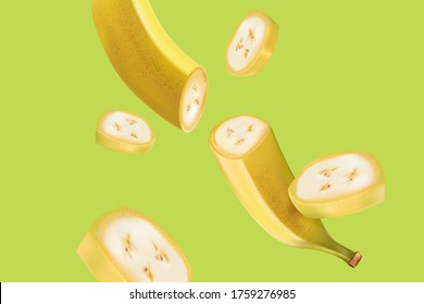 Banana slice flying Ads. Season sweet of tropical fruits. 3d realistic vector, Food concept design. of free space for your texts and branding.