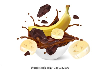 Banana slice flying with chocolate splashing Ads. Season sweet of tropical fruits. 3d realistic vector, Food concept design. of free space for your texts and branding.