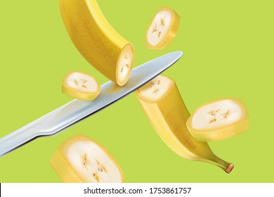 Baraja de plátano volando con el diseño de elementos de cuchillo. Dulce de temporada de frutas tropicales. 3d vector realista. Diseño del concepto de comida.