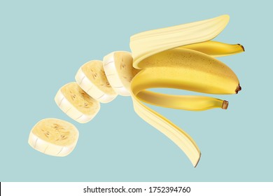 Banana slice and peel flying. Season sweet of tropical fruits. 3d realistic vector. Food concept design.