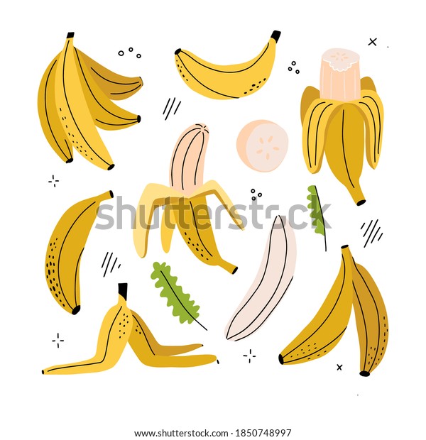 バナナ バナナスライス 皮を剥いたバナナ バナナピール 白い背景に手描きの子どもじみた平らで線のスタイルのクリップアートセット ベクター手描きの イラスト のベクター画像素材 ロイヤリティフリー