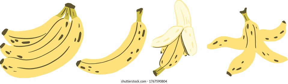 Banana, banana slice, peeled banana, banana peel vector clipart set hand drawn childish flat style isolated on white background.