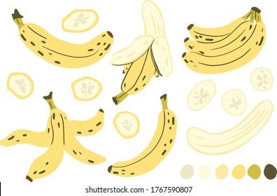 Banana, banana slice, peeled banana, banana peel vector clipart set hand drawn childish flat style isolated on white background.