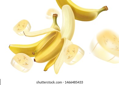Banana with slice of pieces element design isolated on white background. Season sweet of tropical fruits. Realistic vector in 3D illustration. Food concept design.