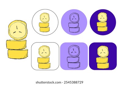 Logo gráfico de Vector de rebanada de plátano fresco y sabroso en estilo de dibujos animados. Ilustración vectorial de trozos dulces pelados de plátano de diferentes tamaños aislados sobre fondo redondo y cuadrado coloreado. Una cabeza