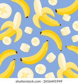Patrón sin costuras de plátano en rodajas y pelado. Dibujos animados de plátano lindo. Ilustración de frutas tropicales. Puede ser utilizado para el Fondo de pantalla, el papel que envuelve, la impresión y la tela de la moda