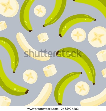 Banana sliced seamless pattern. Green banana cartoon. Tropical fruit illustration. 