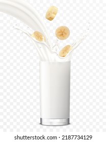 Banana slices falling in a glass of milk or yogurt. Sweet milk splashes. Fruit milkshake advertising banner, yogurt jet, flying drops, white drink in glass cup, Realistic 3d vector isolated