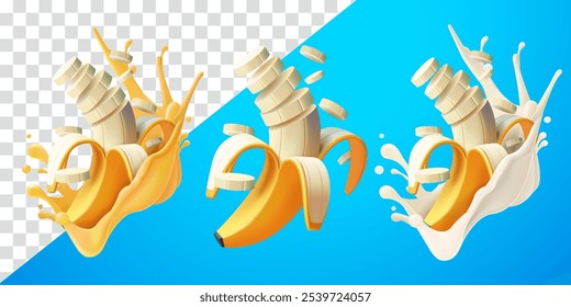 Banana slices with flying splash juice and fresh milk. Suitable for decoration, elements, food and drinks
