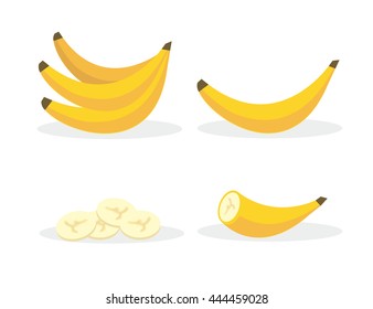 

Banana: slices, half, whole fruit, bunch. Vector cooking illustration.